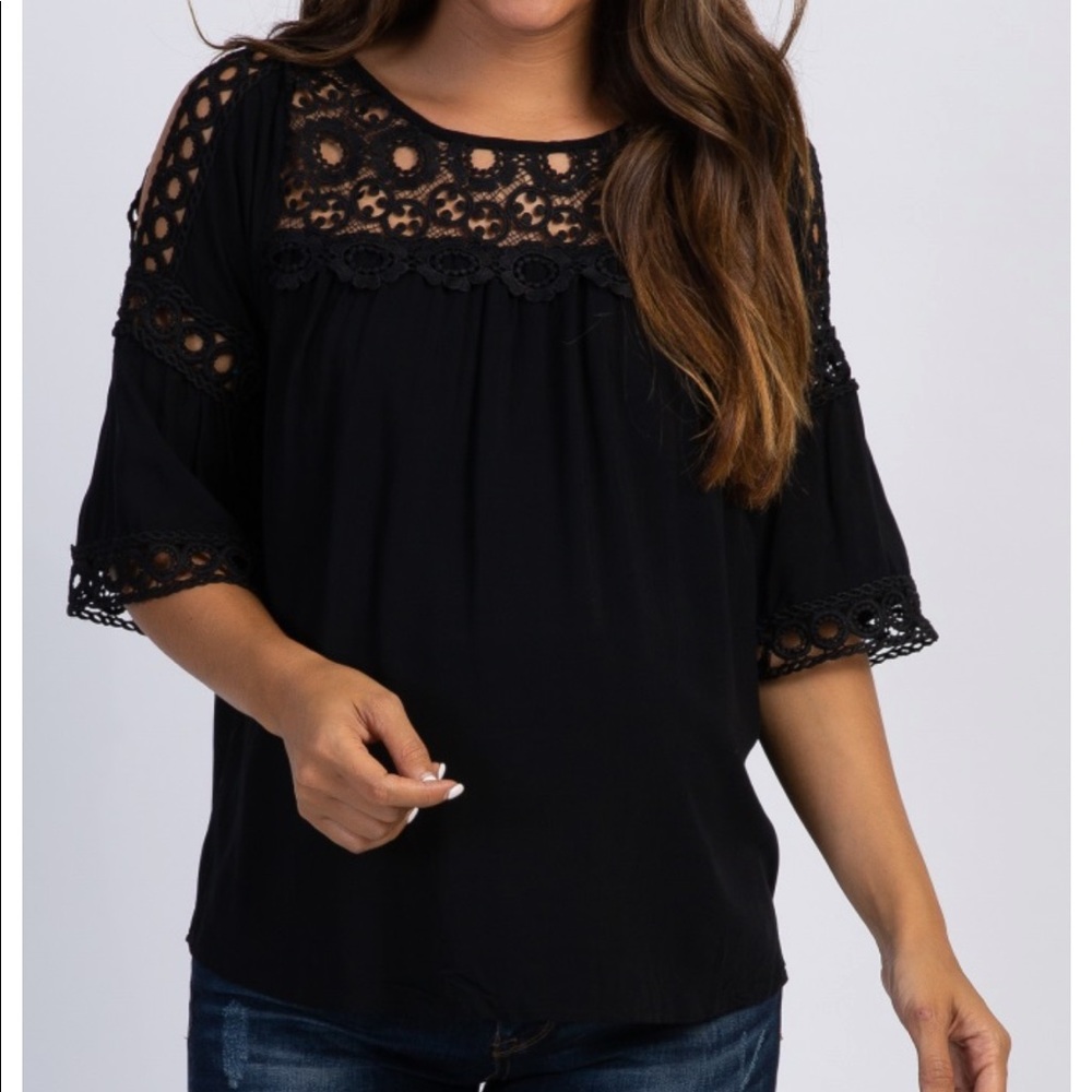 Black Solid Crochet Bell Sleeve Maternity Top